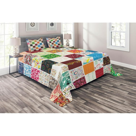 Ambesonne Colorful Quilted Coverlet 3 Pcs, Patchwork Retro Style, Queen Size, Multicolor