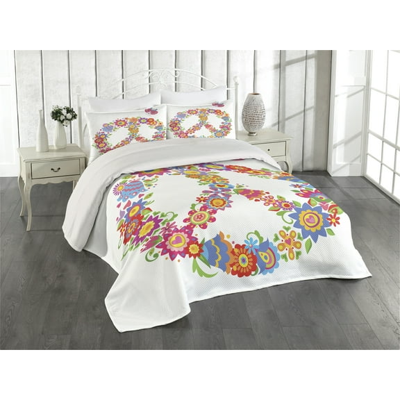 Ambesonne Colorful Quilted Coverlet 3 Pcs, Peace Equality Flower, Queen Size, Multicolor