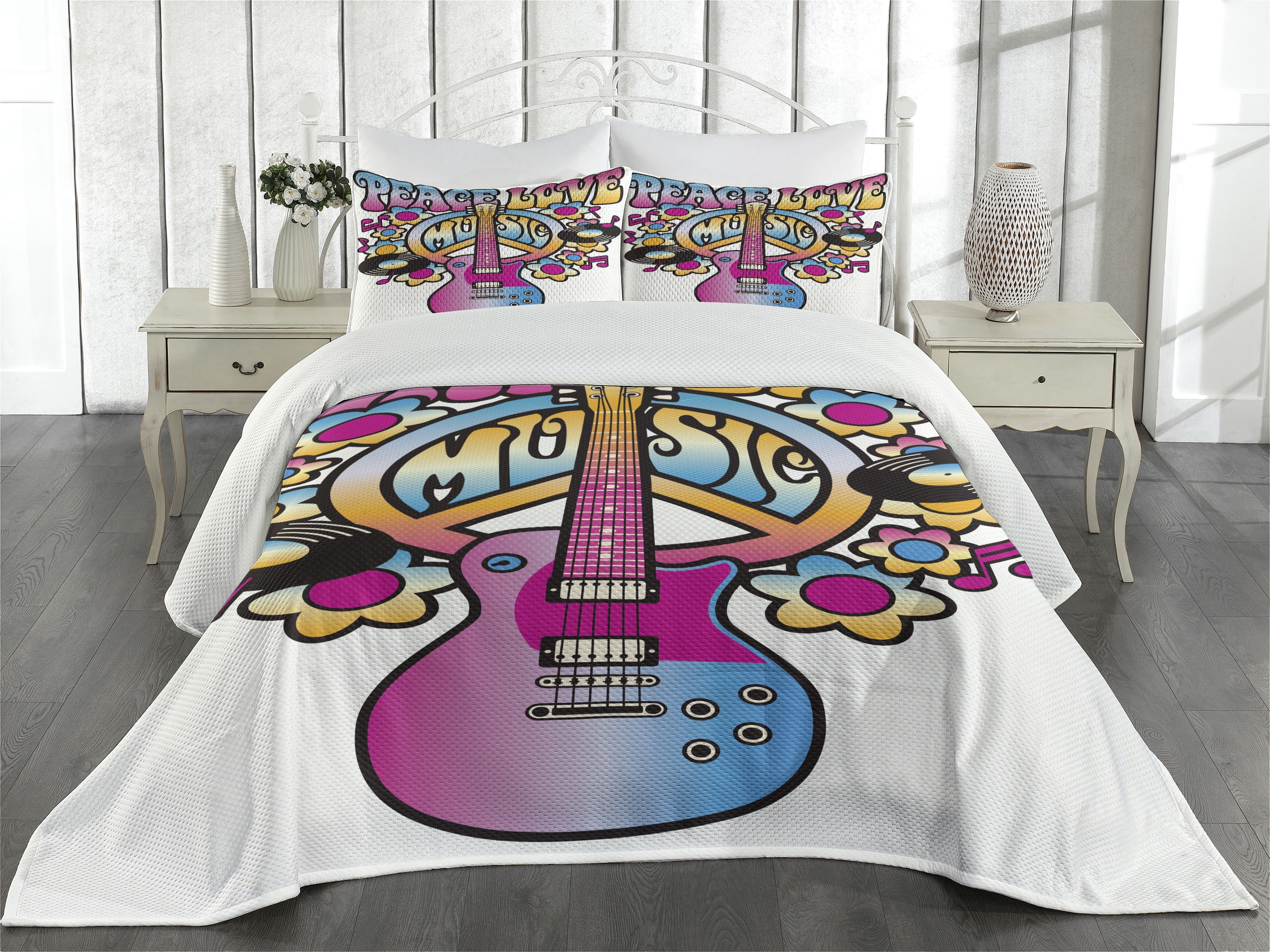 Colorful Peace Love Music Queen Quilted Bedspread Set