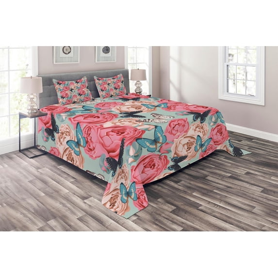 Ambesonne Colorful Quilted Coverlet 3 Pcs, Peony Rose Butterflies, King Size, Multicolor