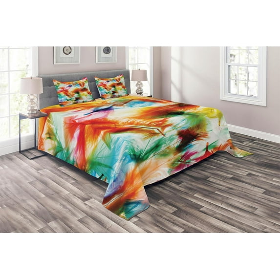 Ambesonne Colorful Quilted Coverlet 3 Pcs, Puffy Dreamy Feathers, King Size, Multicolor