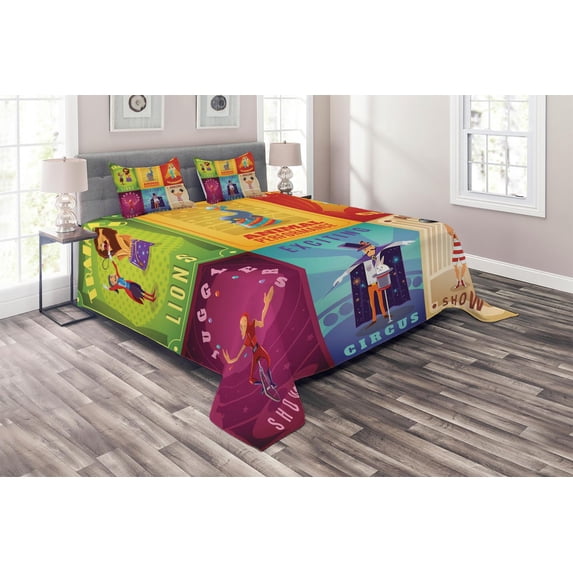 Ambesonne Colorful Quilted Coverlet 3 Pcs, Retro Circus Animals, King Size, Multicolor