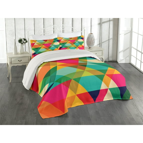 Ambesonne Colorful Quilted Coverlet 3 Pcs, Retro Colors Graphic Art, King Size, Multicolor