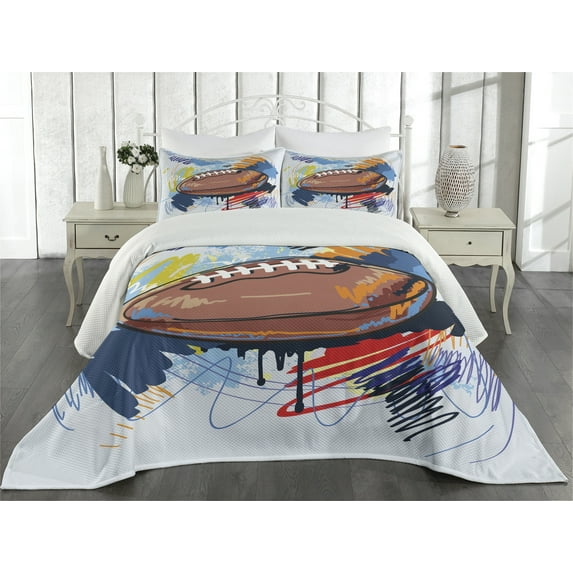 Ambesonne Colorful Quilted Coverlet 3 Pcs, Rugby Ball Doodle Art, Queen Size, Multicolor