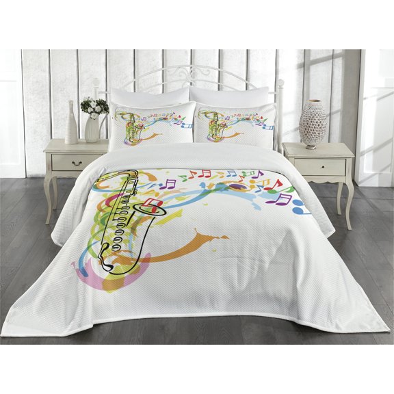 Ambesonne Colorful Quilted Coverlet 3 Pcs, Saxophone Wavy Notes, Queen Size, Multicolor