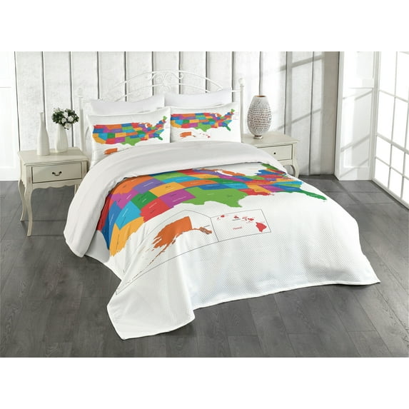 Ambesonne Colorful Quilted Coverlet 3 Pcs, USA Map with States, Queen Size, Multicolor