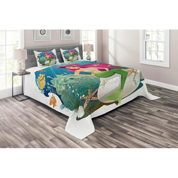 Ambesonne Colorful Quilted Coverlet 3 Pcs, Underwater Mermaid, Queen Size, Multicolor