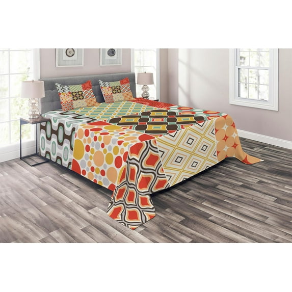 Ambesonne Colorful Quilted Coverlet 3 Pcs, Vintage Abstract Shape, King Size, Multicolor