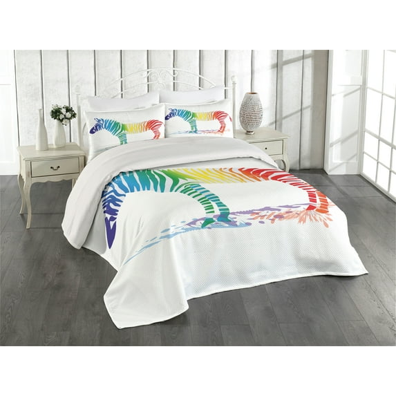 Ambesonne Colorful Quilted Coverlet 3 Pcs, Zebra Rainbow Colors, King Size, Multicolor
