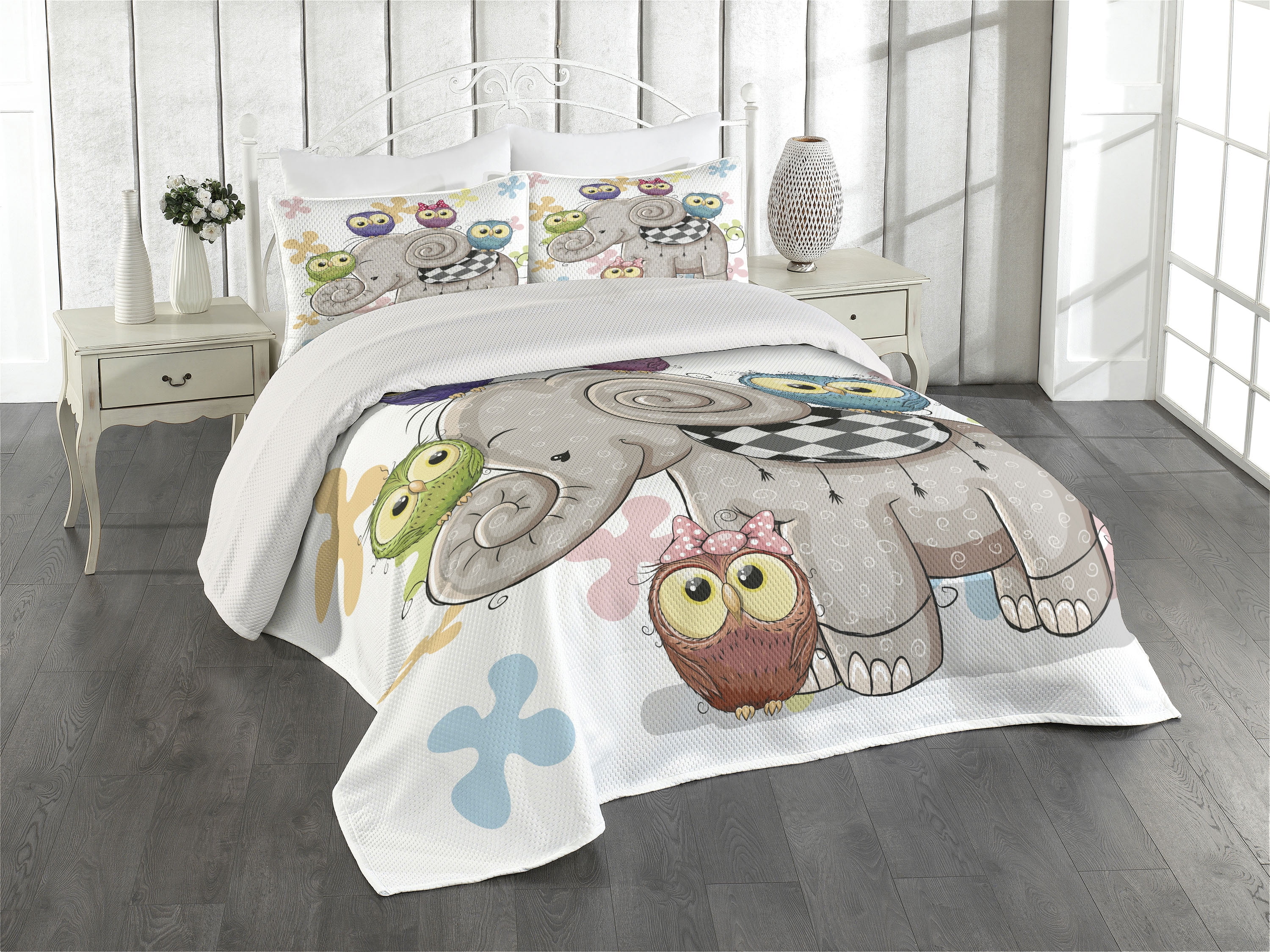 Kids Unisex White Quilted Bedspread Set with Owl Design