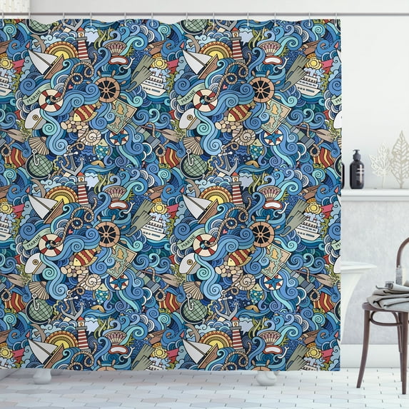 Ambesonne Colorful Shower Curtain, Abstract Sea Shells, 69"Wx84"L, Blue Multicolor