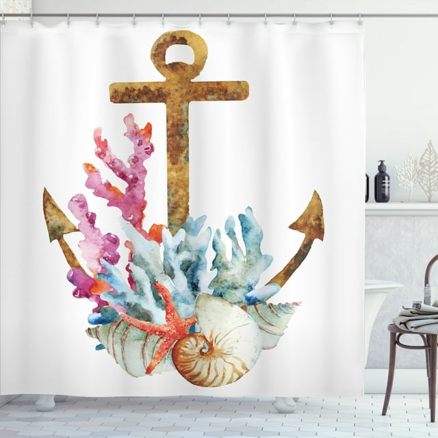 Ambesonne Colorful Shower Curtain, Anchor Corals Seaweed, 69"Wx84"L, Caramel Multicolor