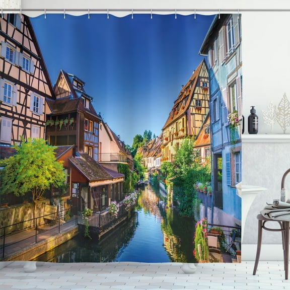 Ambesonne Colorful Shower Curtain, Canal and Houses at Colmar, 69"Wx84"L, Cobalt Blue Multicolor