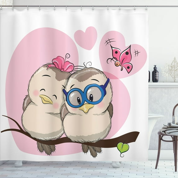 Ambesonne Colorful Shower Curtain, Cartoon Birds Valnetine, 69"Wx84"L, Pale Pink Beige Taupe