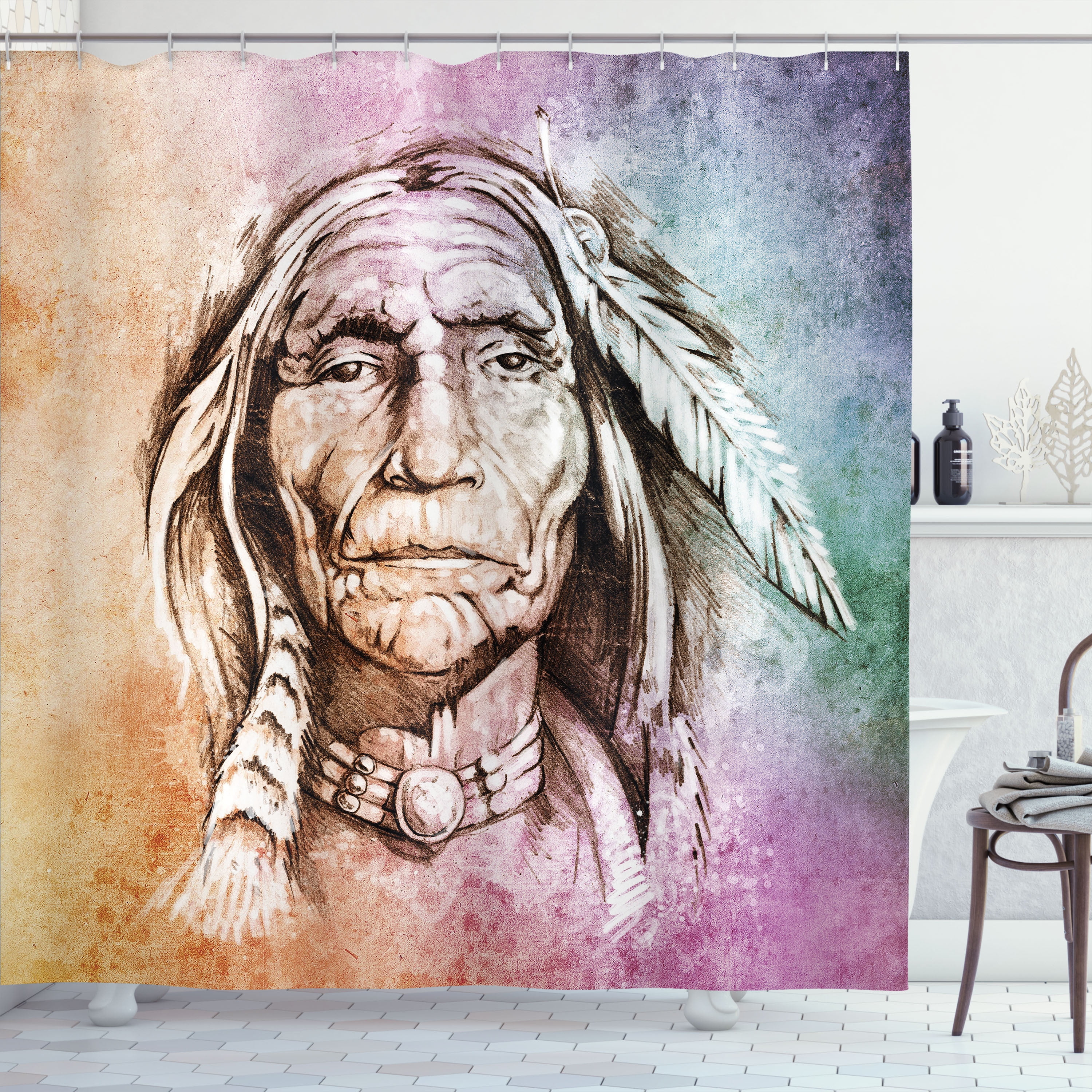 Multicolor Fabric Shower Curtain with Feather Design, 69" x 70"