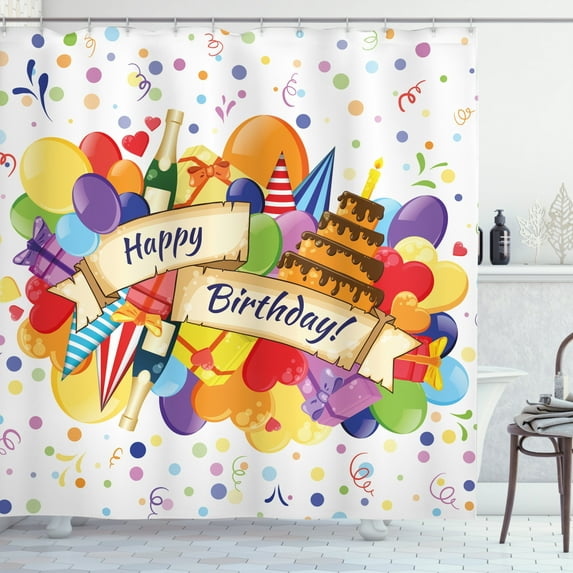 Ambesonne Colorful Shower Curtain, Drinks Cake Balloons, 69"Wx70"L, Multicolor