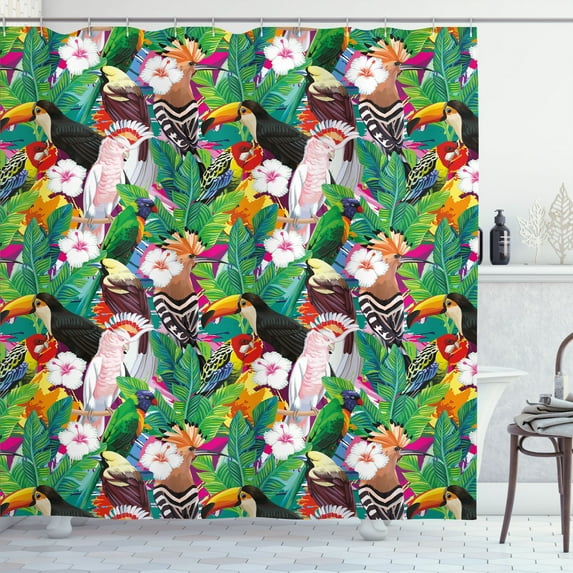 Ambesonne Colorful Shower Curtain, Exotic Animals and Flowers, 69"Wx84"L, Multicolor