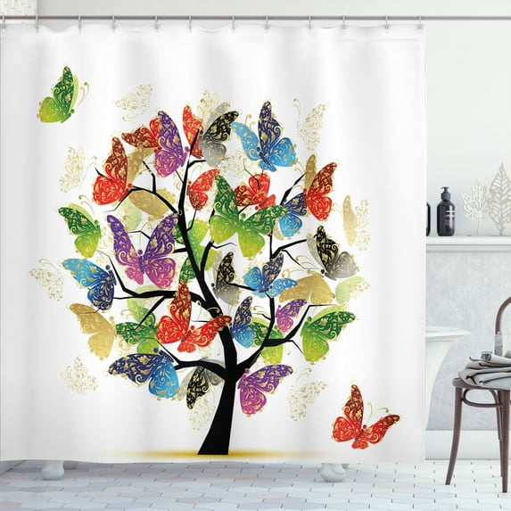 Ambesonne Colorful Shower Curtain, Floral Butterfly Leaf, 69"Wx70"L, Multicolor