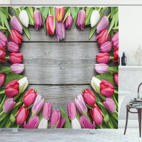 Ambesonne Colorful Shower Curtain, Frame of Fresh Tulips, 69"Wx84"L, Pink Green Umber