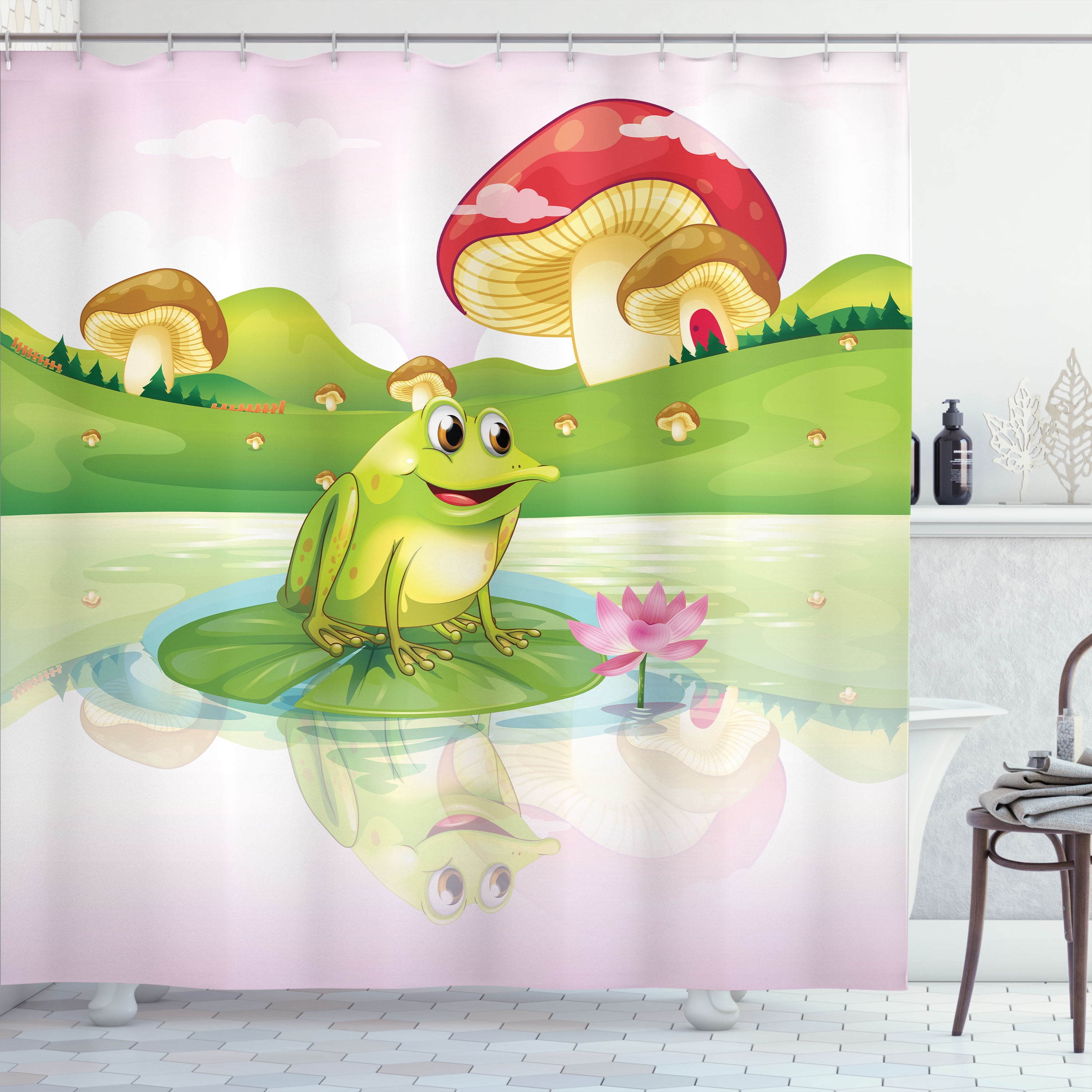 Ambesonne Colorful Shower Curtain, Frog on Water Lily Art, 69Wx84