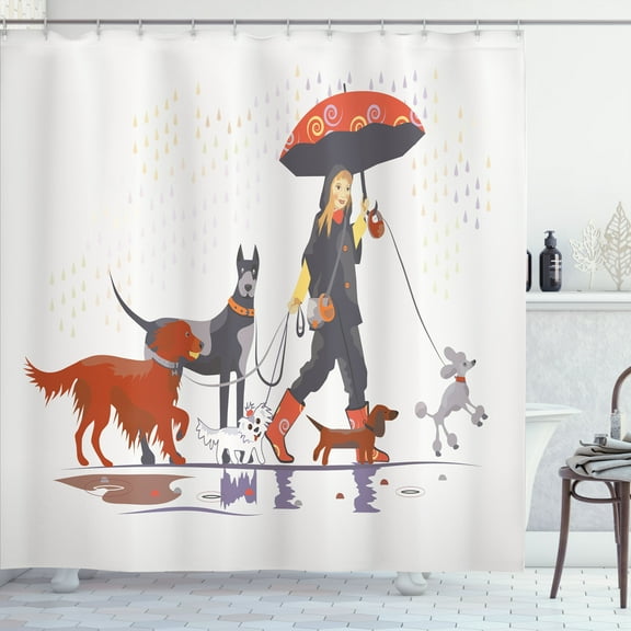 Ambesonne Colorful Shower Curtain, Girl with Dogs in Rain, 69"Wx75"L, Multicolor