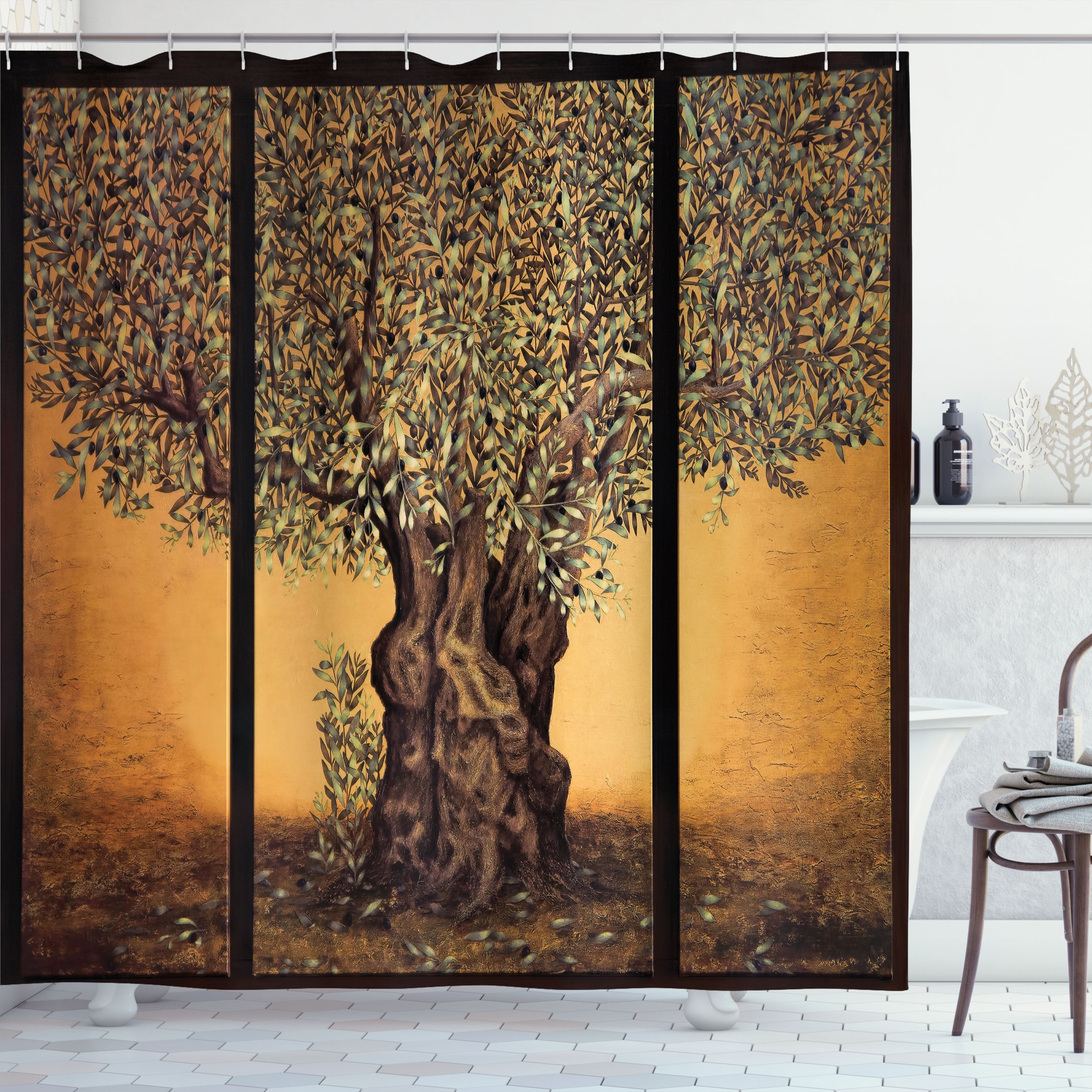 Burnt Orange and Brown Fabric Shower Curtain with Olive Tree Design