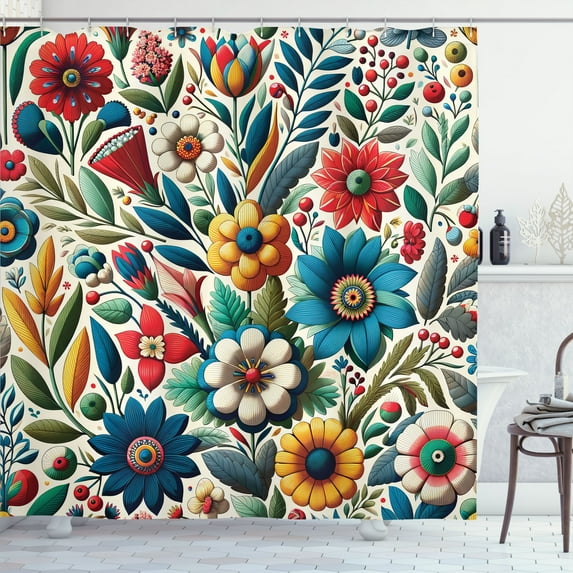 Ambesonne Colorful Shower Curtain, Leafy Spring Floral Garden, 69"Wx84"L, Pale Green Sea Blue Red