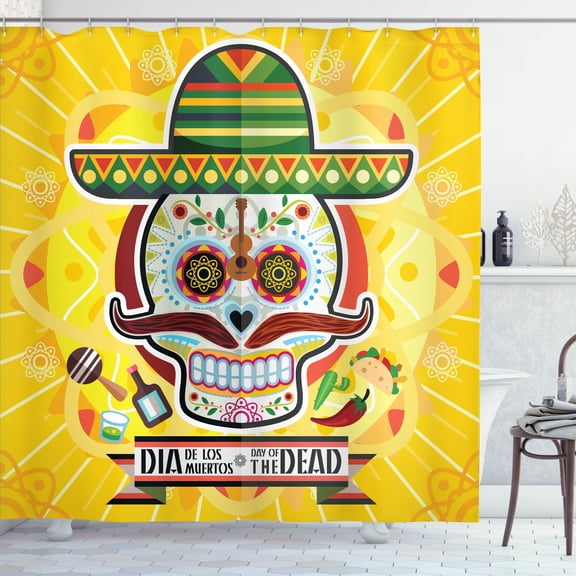 Ambesonne Colorful Shower Curtain, Mexican Sugar Skull, 69"Wx75"L, Yellow