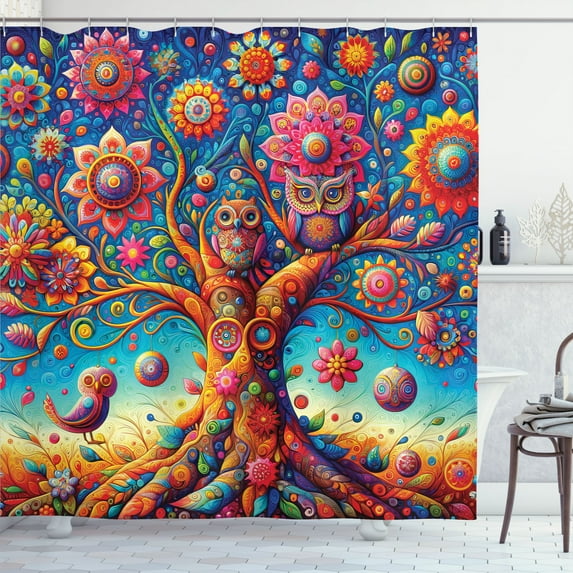 Ambesonne Colorful Shower Curtain, Oriental Floral Vines Owls, 69"Wx84"L, Sky Blue Orange Pink