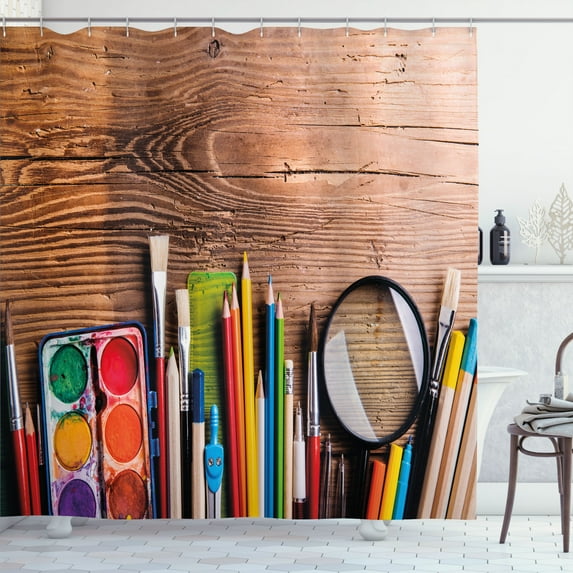 Ambesonne Colorful Shower Curtain, Painting Equipment on Desk, 69"Wx75"L, Multicolor