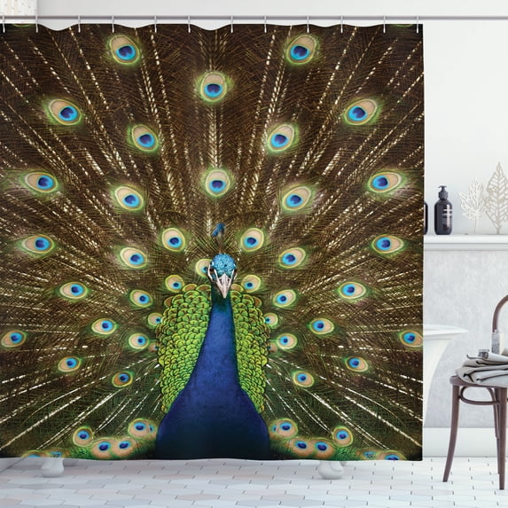 Ambesonne Colorful Shower Curtain, Peacock with Feathers, 69"Wx70"L, Navy Blue Green Brown