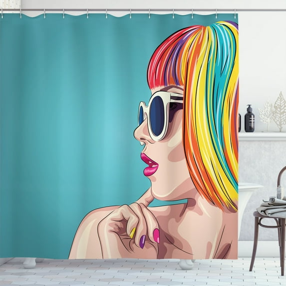 Ambesonne Colorful Shower Curtain, Rainbow Wig and Sunglasses, 69"Wx75"L, Cadet Blue and Multicolor