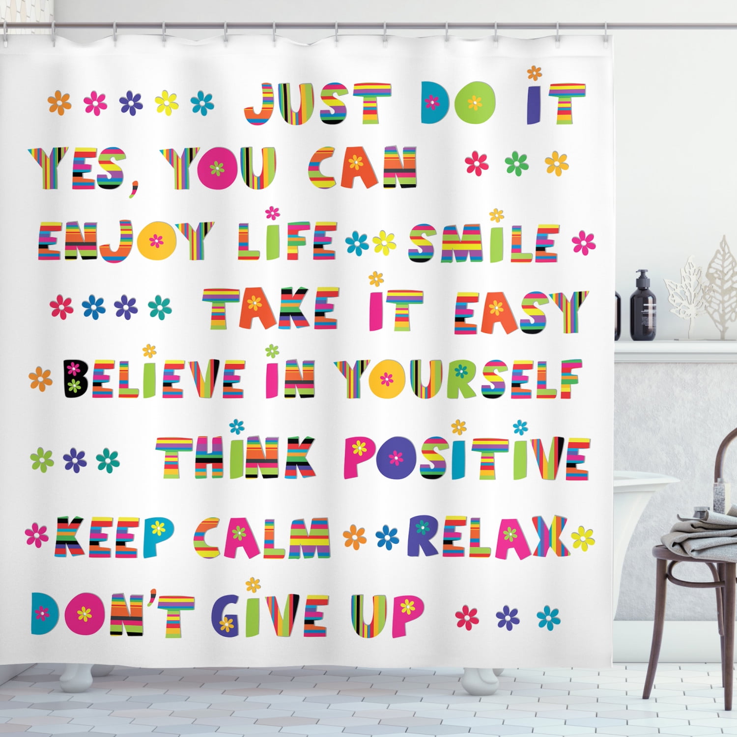 Colorful Multicolor Typography Fabric Shower Curtain with Hooks