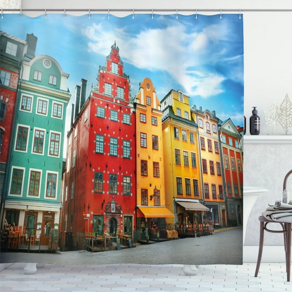 Ambesonne Colorful Shower Curtain, Stortorget Public Square, 69"Wx84"L, Pale Sky Blue Multicolor