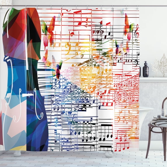 Ambesonne Colorful Shower Curtain, Violoncello and Butterfly, 69"Wx70"L, White Multicolor