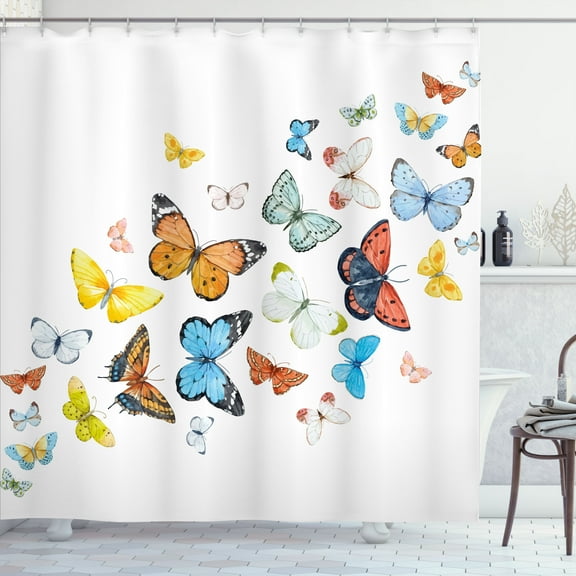Ambesonne Colorful Shower Curtain, Watercolor Art Butterflies, 69"Wx84"L, White and Multicolor