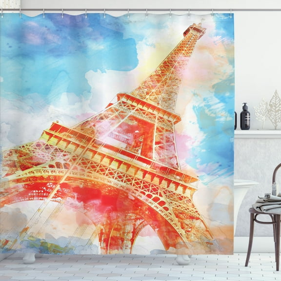 Ambesonne Colorful Shower Curtain, Watercolor Paris Landmark, 69"Wx70"L, Yellow Blue Red