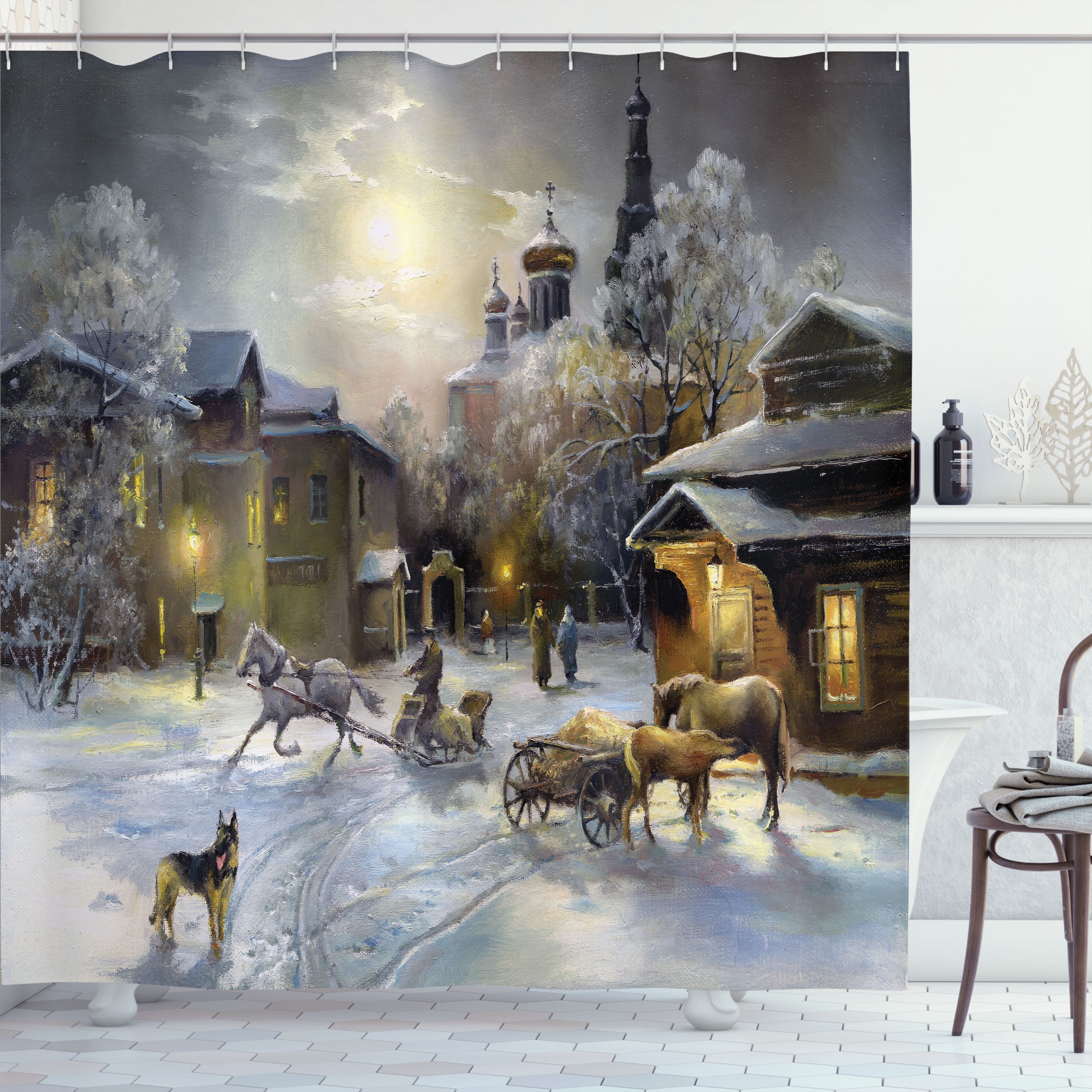 Winter Landscape Multicolor Polyester Shower Curtain Set with Hooks
