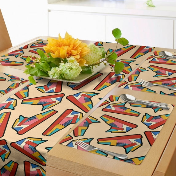 Ambesonne Colorful Table Runner & Placemats, Geometric Style Sneakers, Placemat 4 pcs + Runner 16"x72", Pale Peach Multicolor