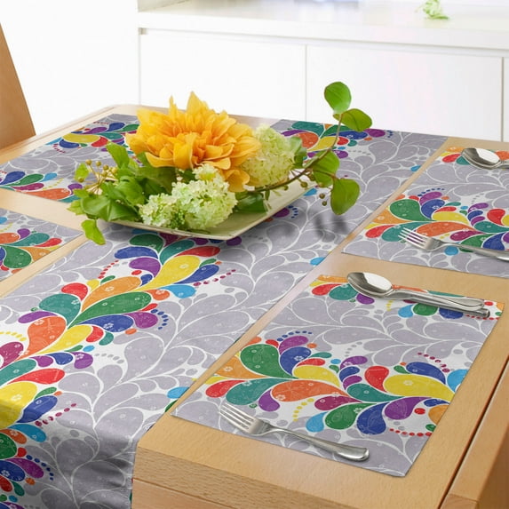 Ambesonne Colorful Table Runner & Placemats, Modern Rainbow Paisley Art, Placemat 4 pcs + Runner 14"x72", Purpleblue Multicolor