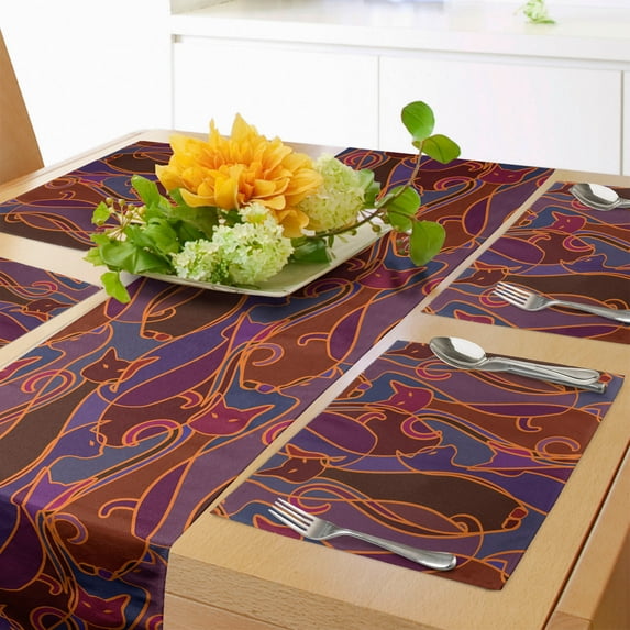 Ambesonne Colorful Table Runner & Placemats, Pop Art Colored Cats Motif, Placemat 4 pcs + Runner 14"x90", Brown Ruby Dark Magenta