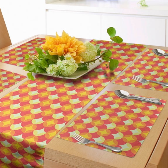 Ambesonne Colorful Table Runner & Placemats, Retro Recurring Circles, Placemat 4 pcs + Runner 12"x72", Pale Yellow and Orange