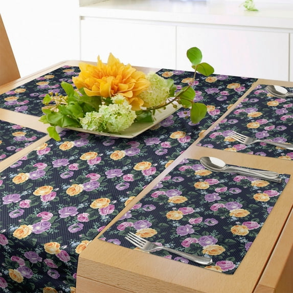 Ambesonne Colorful Table Runner & Placemats, Victorian Inspired Roses, Placemat 4 pcs + Runner 16"x90", Navy Blue and Multicolor