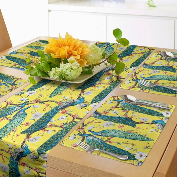 Ambesonne Colorful Table Runner & Placemats, Watercolor Peacocks Image, Placemat 4 pcs + Runner 14"x90", Pastel Yellow and Multicolor