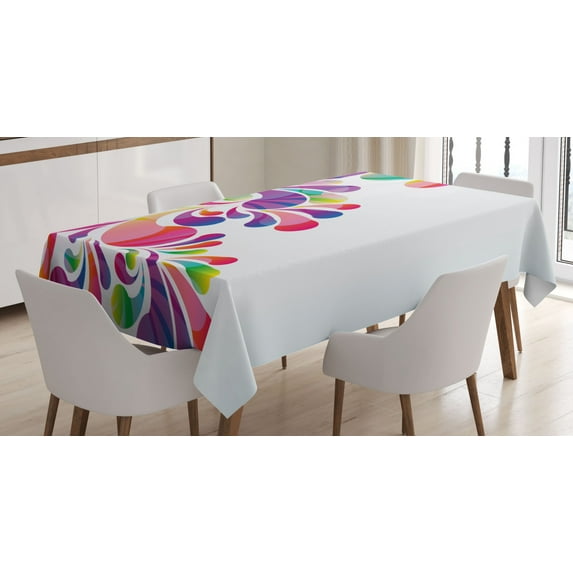 Ambesonne Colorful Tablecloth Rectangular Table Cover, Curvy Floral Design, 52"x70", Multicolor