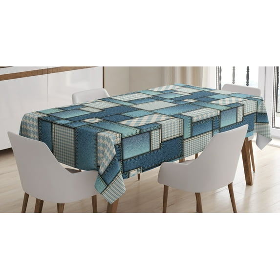 Ambesonne Colorful Tablecloth Rectangular Table Cover, Denim Sewings, 60"x84", Pale Blue Blue