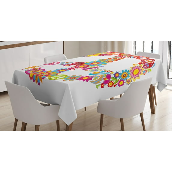 Ambesonne Colorful Tablecloth Rectangular Table Cover, Peace Love Joy Flowers, 52"x70", Multicolor