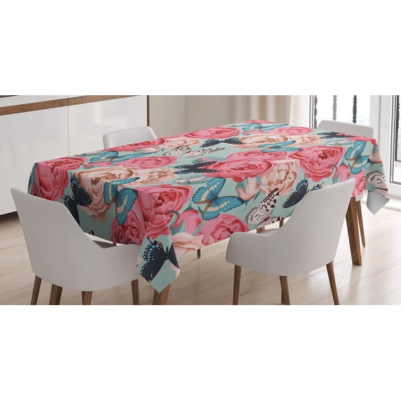 Ambesonne Colorful Tablecloth Rectangular Table Cover, Peony Rose Butterflies, 52"x70", Multicolor
