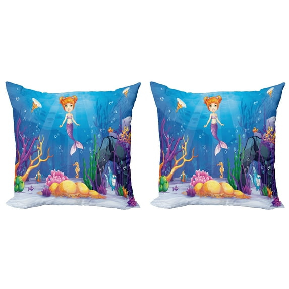 Ambesonne Colorful Throw Pillow Cover 2 Pack, Cartoon Mermaid Fish, 16", Multicolor