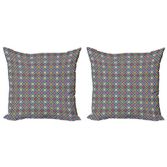 Ambesonne Colorful Throw Pillow Cover 2 Pack, Checkered Floral Retro, 16", Multicolor